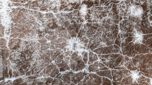 Obraz na plátně Flying above small river and snowy swamps in winter.