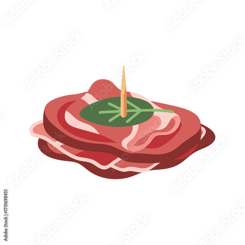 A delicious slice of cured bacon with a toothpick and a fresh green leaf on a white background for culinary and food related projects