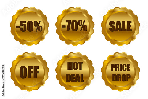Golden discount badges with various offers for sales and promotions.