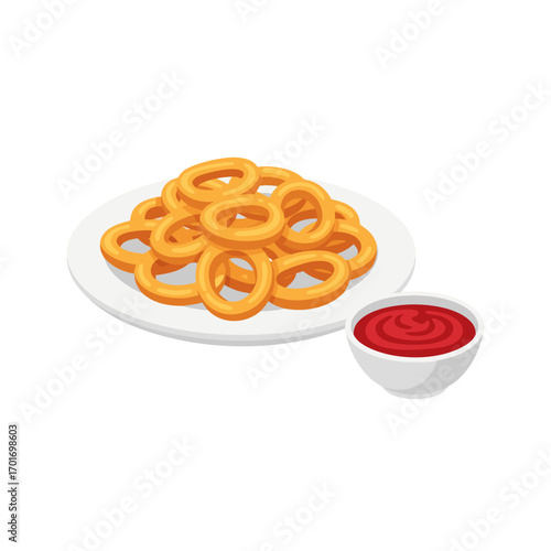 A plate of crispy golden onion rings served with a side of tangy red dipping sauce on a clean white background for a delicious fast food meal.