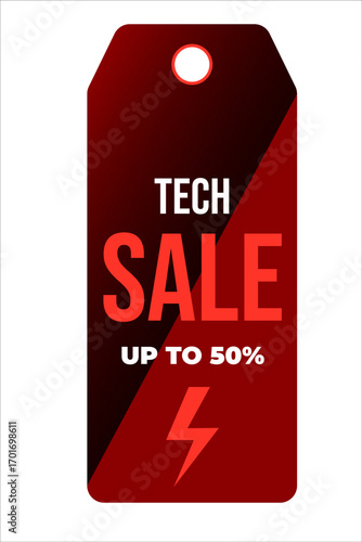 Bold red tag promoting tech sale with discount lightning on white background.