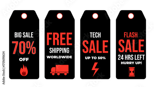 Promotional sale tags with bold text and icons highlighting discounts and free shipping offers.