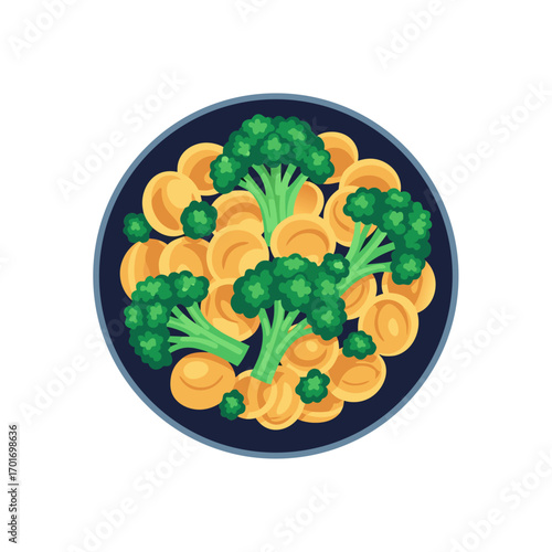A plate of nutritious food with slices of sweet potato and florets of broccoli on a dark blue background, ideal for culinary themes and healthy eating concepts.
