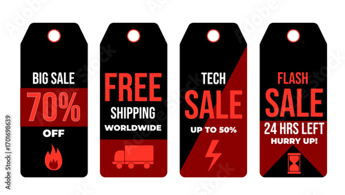 Bold black and red sale tags with discounts and offers for retail promotions.