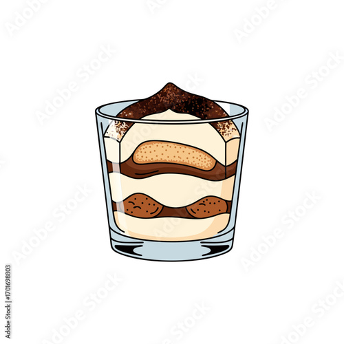 A layered tiramisu dessert in a clear glass cup on a white background with creamy mascarpone cheese and espresso soaked ladyfingers.