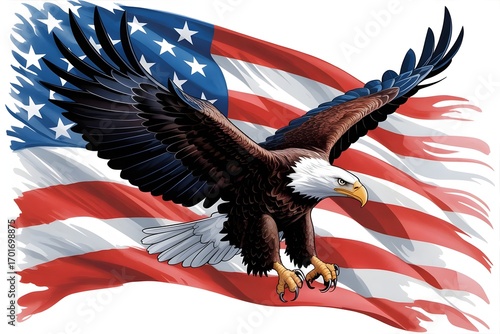 Bald eagle flying in front of the american flag on white background