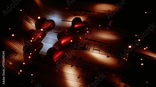 A Romantic Fusion of Melodic Heartbeats: A Captivating Scene of Glittering Hearts Set Against a Softly Illuminated Musical Score