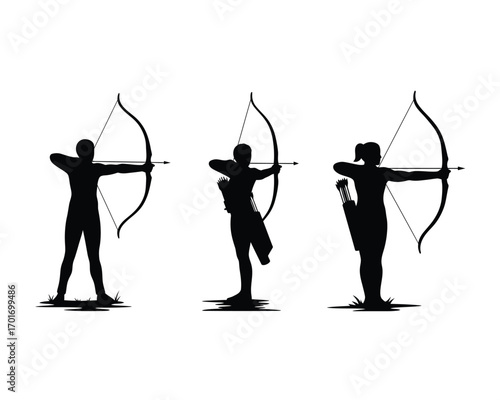 Silhouettes of three archers in various stances drawing their bows and aiming arrows in a dynamic sporting illustration