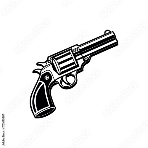 Stylized depiction of a revolver in black and white line art format