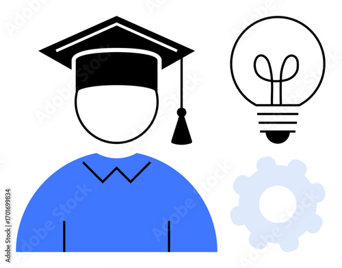 Person in graduation cap symbolizes learning, lightbulb represents ideas, and gear conveys mechanism. Ideal for education, innovation, knowledge, creativity, development, career growth flat simple
