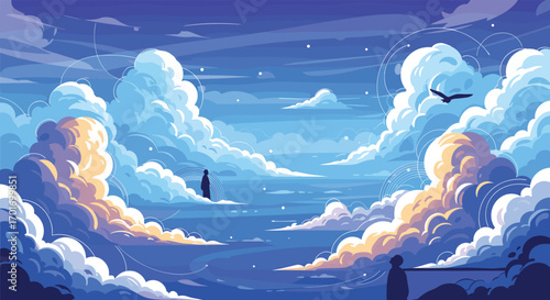 Enchanting pixel art sky with birds and silhouettes amidst dreamlike clouds