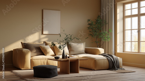 Scandinavian-Japandi style living room interior, photorealistic, ultra high resolution. 