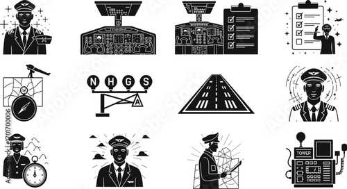 , showing pilots, cockpits, flight checklists, navigation, runways, and communication towers. Here’s the SEO-optimized title and keyword set for Adobe