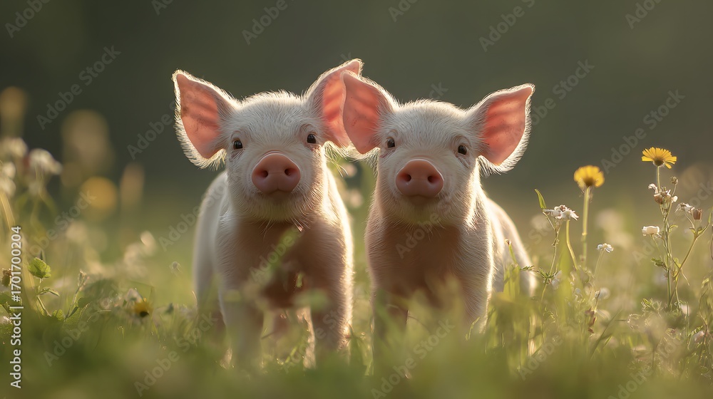 Obraz premium Two Adorable Piglets in a Blooming Meadow with Sunlit Background