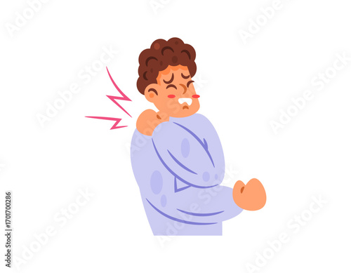Shoulder pain. Shoulder feels hot, stiff, and sore. Injury, sprain, discomfort. Illustration of a man looking in pain. Body health problem. Flat style character design. White background