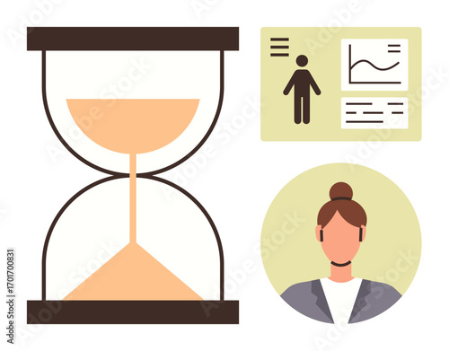 Hourglass with sand, user profile avatar, and analytics panel featuring graphs and stats. Ideal for productivity, time tracking, business strategy, HR, planning, personal growth simple flat metaphor