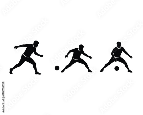 Silhouettes of three male soccer players in action dribbling and kicking a ball on a white background