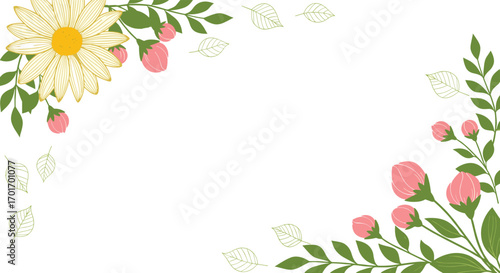 Beautiful floral design with delicate blossoms and lush greenery adorning the corners for a touch of natural elegance