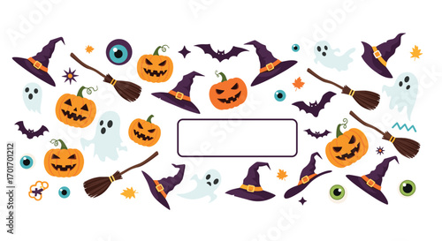 Whimsical halloween characters and spooky decorations banner design with fun elements