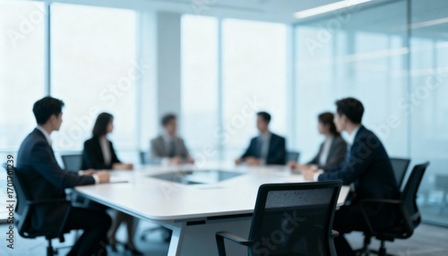 Blurred Corporate Team Meeting: Professional Businesspeople Collaborating Around Conference Table in Modern Office, Discussing Strategy