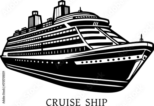 A cruise ship with multiple decks, isolated on white Background