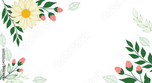 Beautiful floral borders and corners with delicate blooming flowers and green leaves