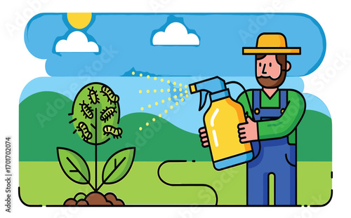 Farmer Spraying Pesticide on Plants to Protect Crops from Insects
