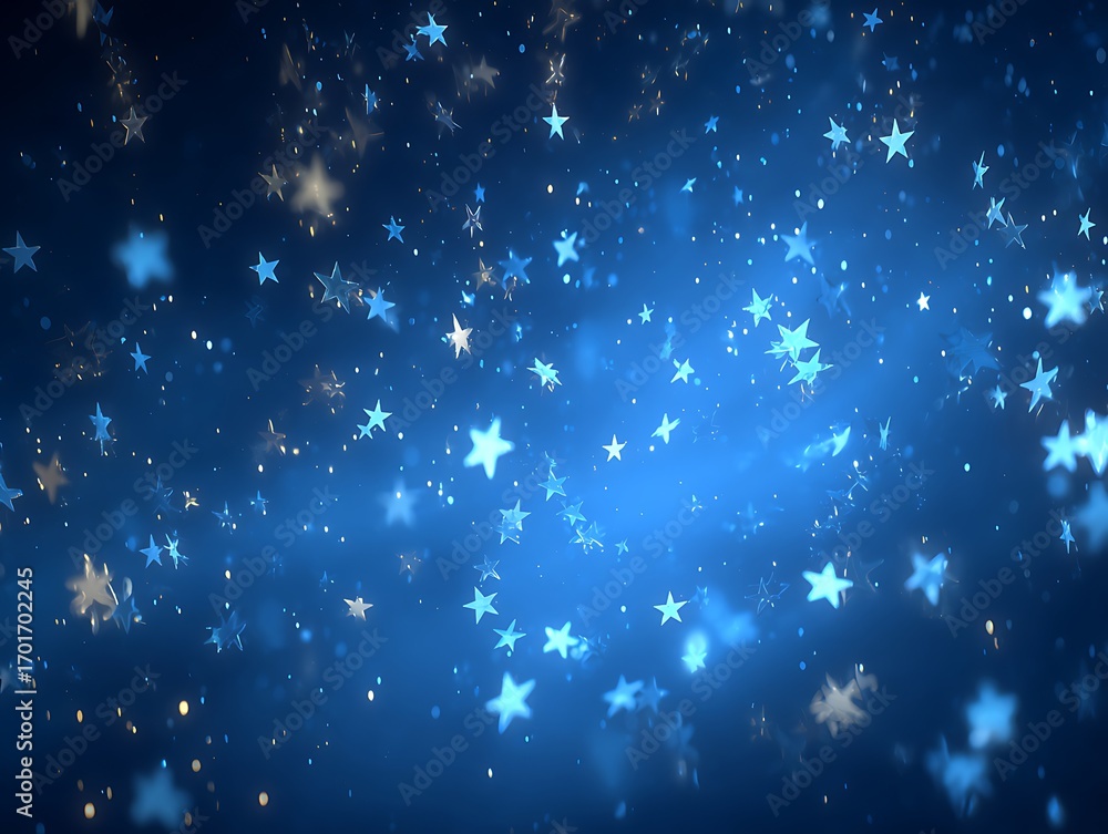 Obraz premium Cartoon background of glowing white stars in dark blue night sky with simple cute animation style, various sizes and shapes, light outlines, dreamy depth, perfect for children holiday design.