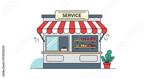 A small service kiosk providing customer support and assistance with a clean design and red and white striped awning