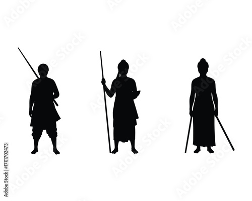 Three silhouetted figures of warriors standing with spears and swords against a white background representing ancient combatants