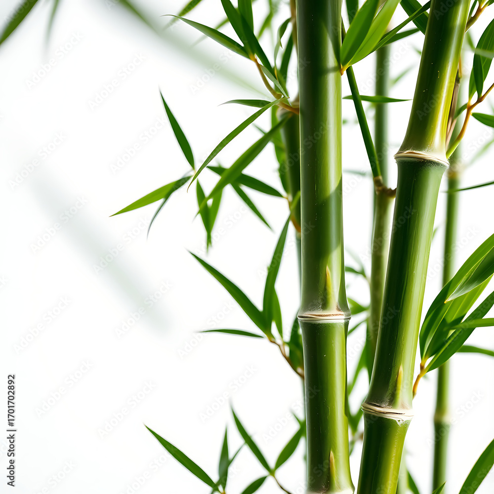 Obraz premium Serene bamboo stalks with vibrant green leaves create a zen and peaceful natural design element