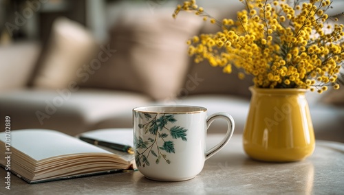 Cozy morning scene with a cup of tea and an open book.