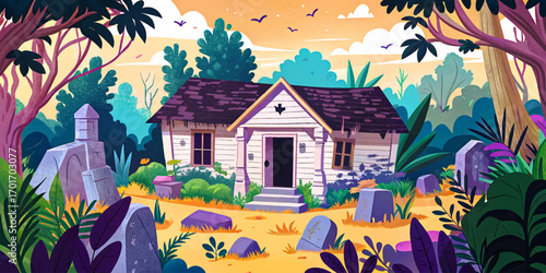 Old abandoned horror cabin and cemetery in deep jungle, overgrown with vines, dark shadows and eerie silence