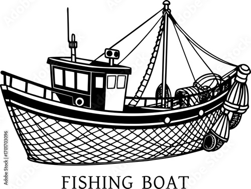 A fishing boat with nets, detailed illustration on white Background