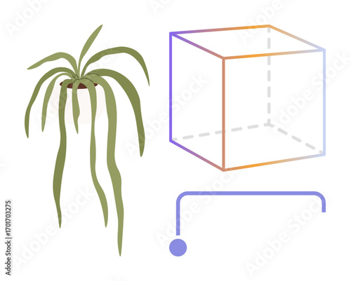 Potted plant with flowing leaves, gradient 3D cube outline, and curved line with a circle. Ideal for balance, geometry, minimalism, nature, abstraction interior design feng shui. A simple flat