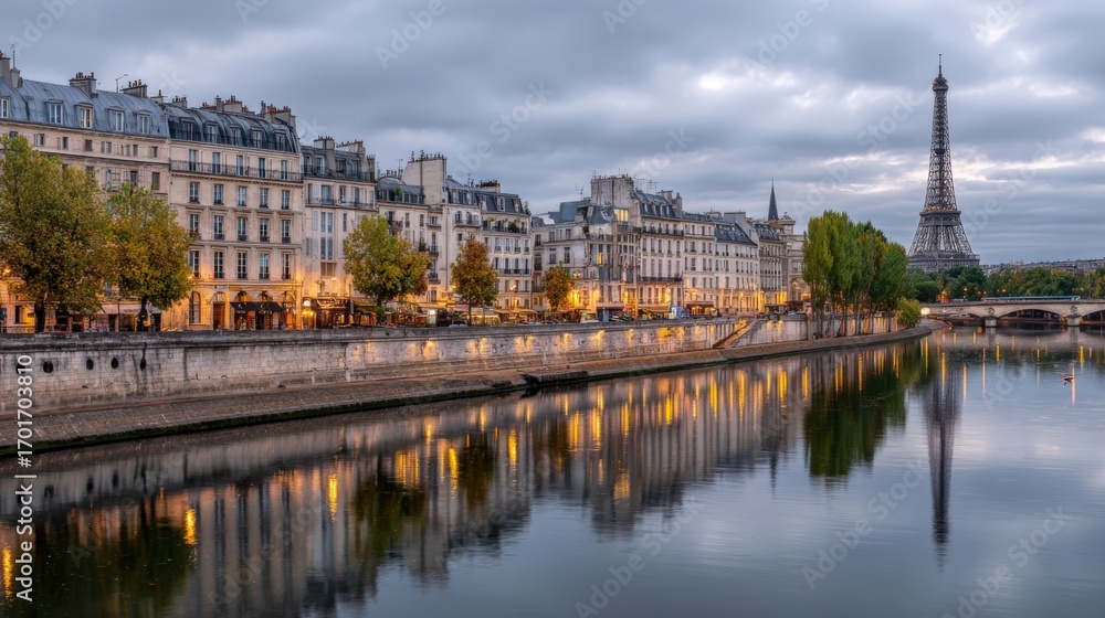Naklejka premium Paris Skyline Reflecting in the River Seine at Dusk with Classic Architecture and Eiffel Tower