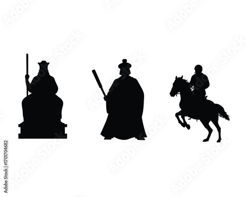 Silhouettes of ancient chinese warriors and a regal figure in traditional attire against a white background