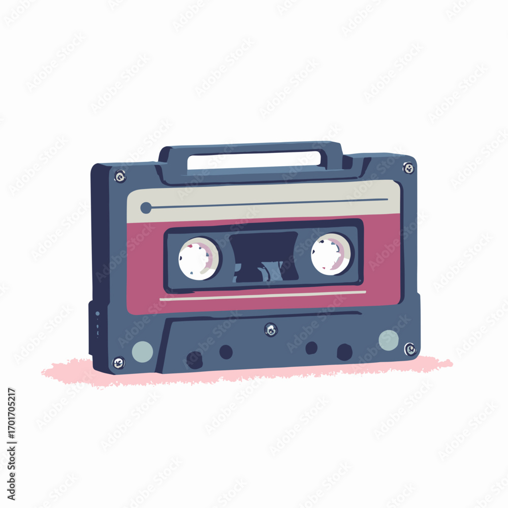 Fototapeta premium Portable cassette player — slim rectangular body, headphone jack, belt clip and flip-open cassette door, white background