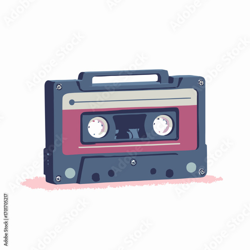 Portable cassette player — slim rectangular body, headphone jack, belt clip and flip-open cassette door, white background