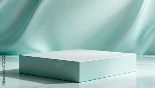 Wallpaper Mural Minimalist Product Display Podium: Square Platform with Soft, Elegant, Green Fabric Backdrop for Advertising and Showcase Torontodigital.ca