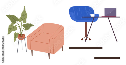 Home office includes a pink armchair, blue ergonomic chair, minimalist desk with a laptop and coffee cup, and a tall potted plant. Ideal for workplace decor, productivity, relaxation, remote work