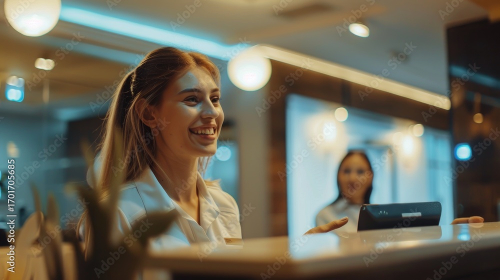 Obraz premium Woman receptionist in uniform at workplace in hotel service with customer, blurred background.