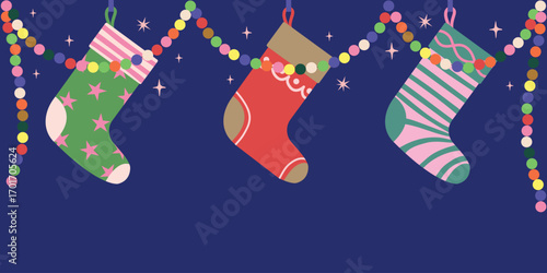 Frame of Christmas sock hanging decoration design. Banner Christmas and happy new year season.