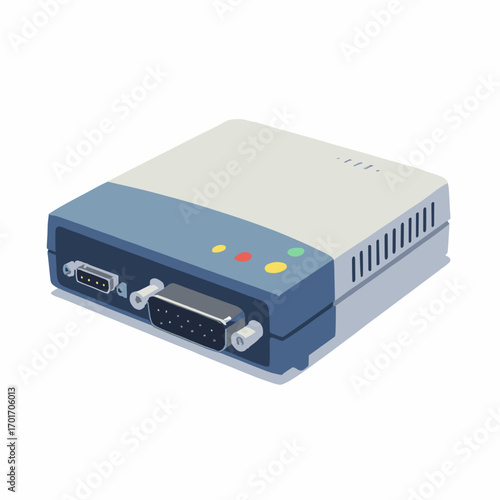 External dial-up modem — boxy unit with status LEDs, telephone RJ connector and DB9 serial port, white background