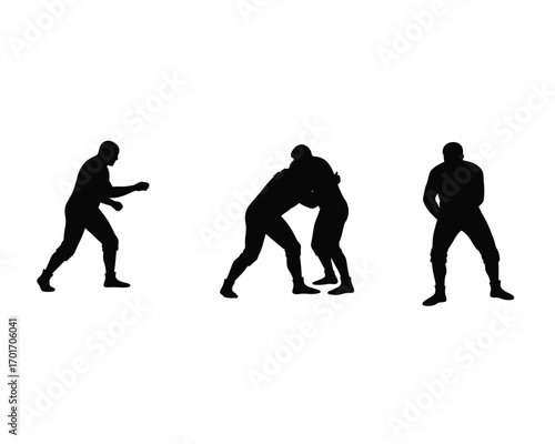Three black silhouette figures depicting wrestling moves and stances against a white background