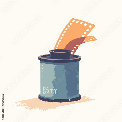 35mm film canister — metal cylinder with PET film leader curling out, stamped ISO number on can, white background