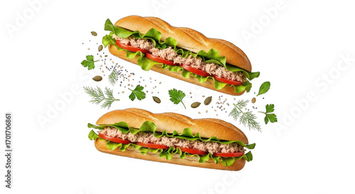 Two tuna salad sub sandwiches with lettuce and tomato isolated on transparent background
