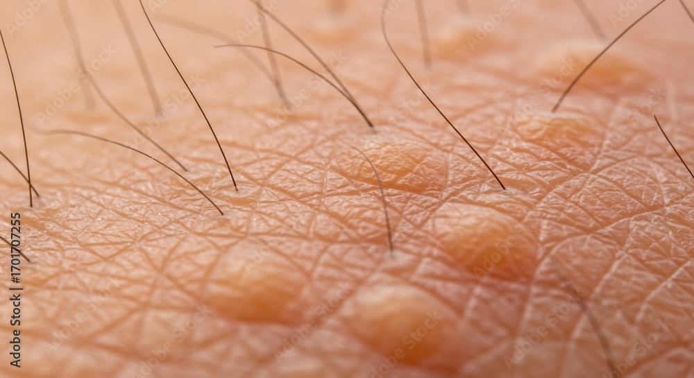 Fototapeta premium Macro shot of human skin Visible are pores tiny bumps and dark hairs emerging from the skins surface
