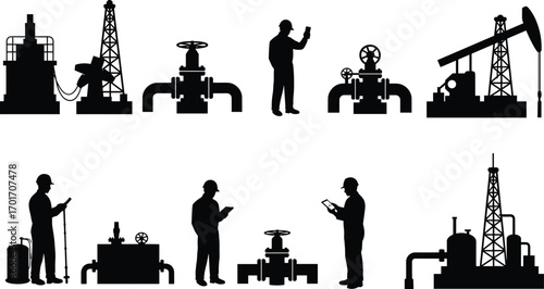 Oil industry workers and equipment silhouette set with drilling rigs, pipelines, pump jacks, refinery structures, and engineers performing inspection tasks.