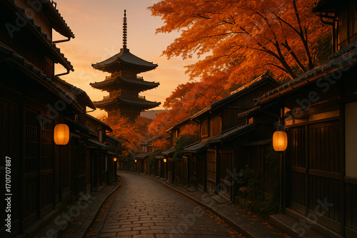 Historic Kyoto street with glowing lanterns and iconic pagoda surrounded by autumn foliage at golden sunset
